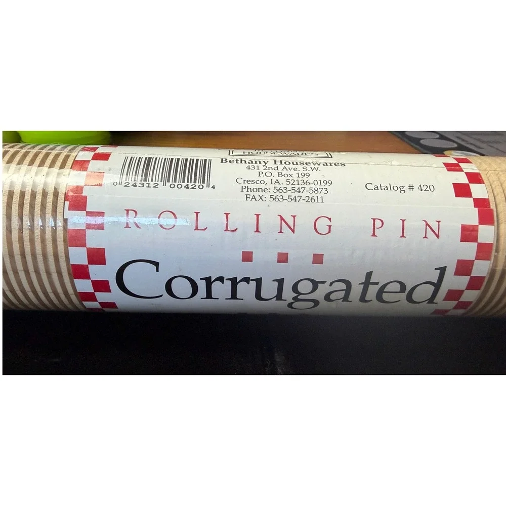 Bethany Housewares 420 Corrugated Rolling Pin Hard Maple Wood Red Handle Lefse